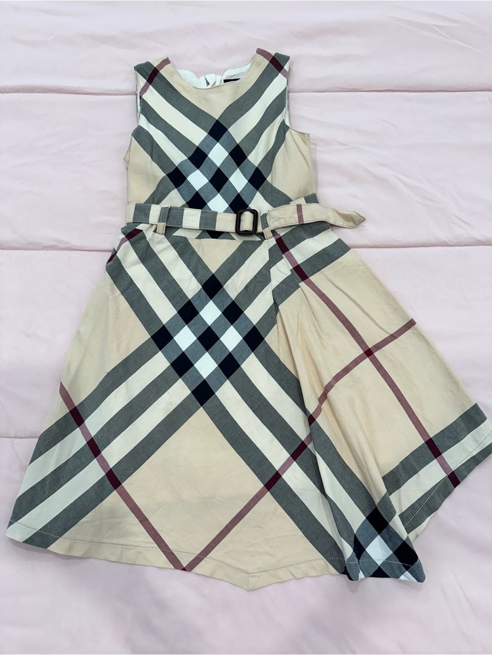 Burberry Beige Plaid Belted Girls' Dress with Black and Burgundy Accents